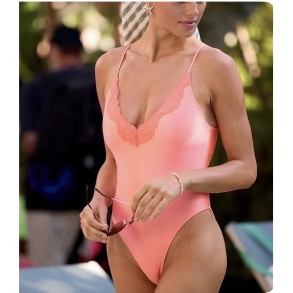 Aerie Shine Lace Plunge One Piece Swimsuit Coral Lace Low Back Cheeky NWT Rt $60